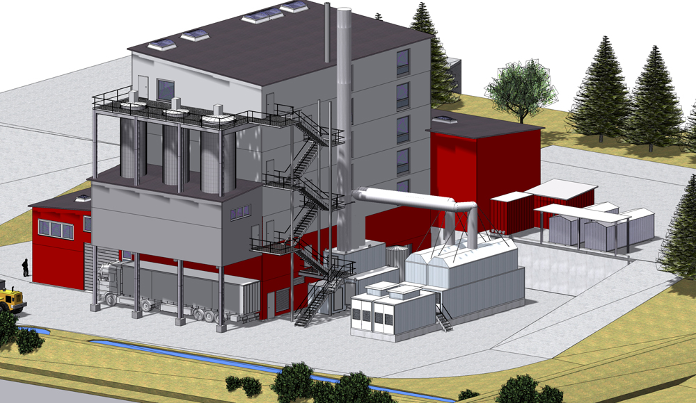 WEHRLE - Beispiel einer 3 t/h-Klärschlammmonoverbrennungsanlage komplett mit Trockner und Verwaltungsgebäude auf einer Fläche von ca. 45 m x 55 m, 3D-Ansicht und Draufsicht, © Rückert NatUrGas GmbH