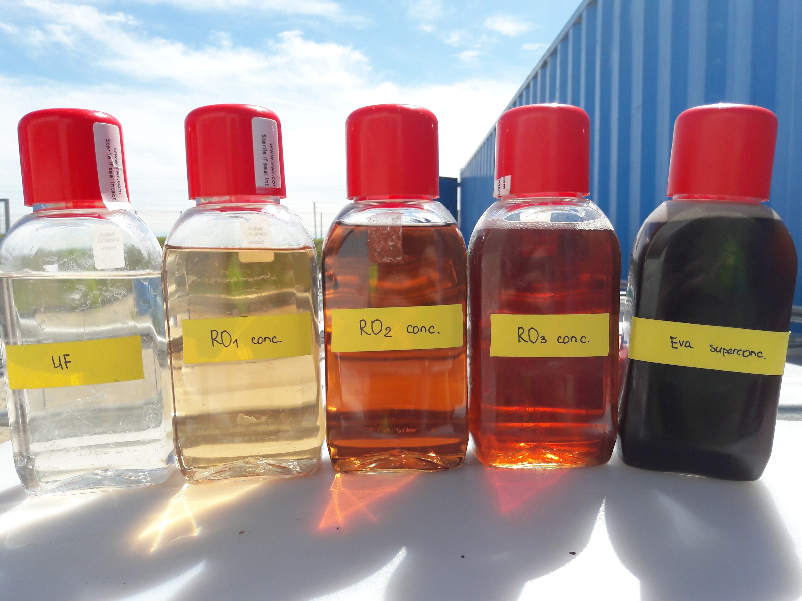 Concentrates from the respective process stages, from UF permeate (left) to evaporator concentrate (right).